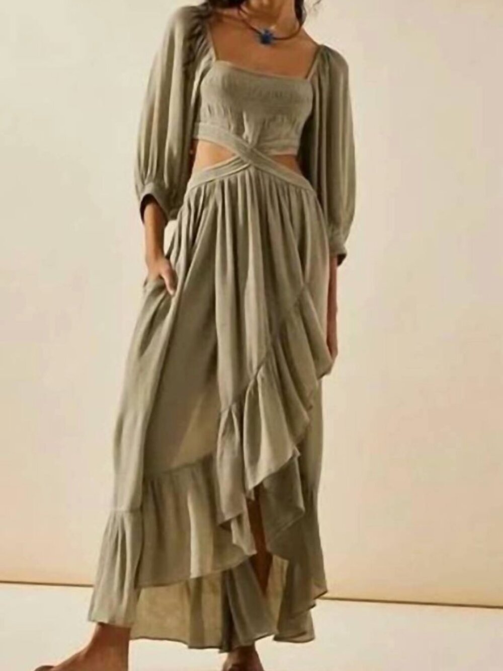 Free People Cross My Heart Cutout Maxi Dress NWT Size Small Olive Green Boho